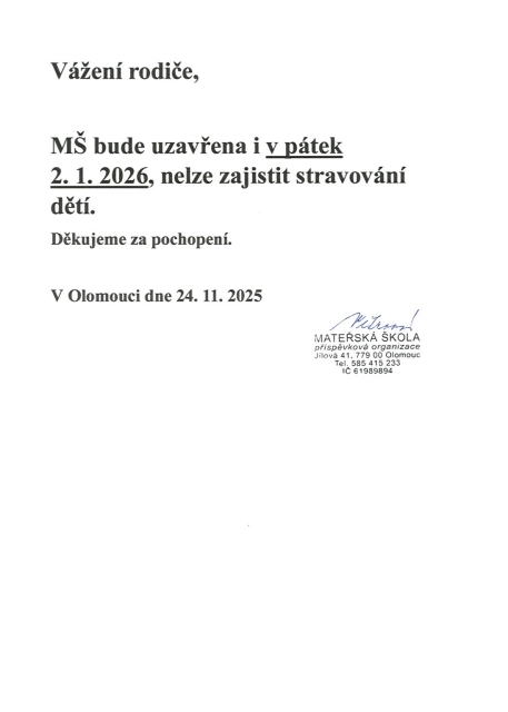 Aktuality - Uzavření MŠ dne 2.1.2026